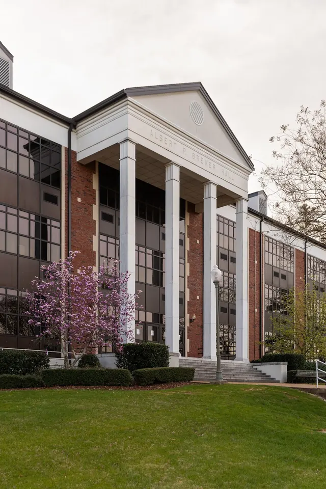 Brewer Hall columns and lawn at Jacksonville State University
