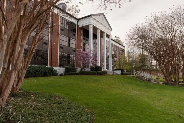 Brewer Hall from the lawn under the crepe myrtles