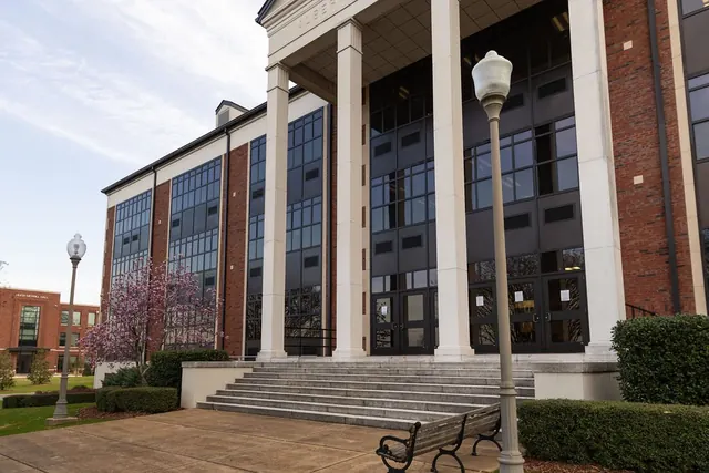 Front steps and columns of Brewer Hall on the JSU campus