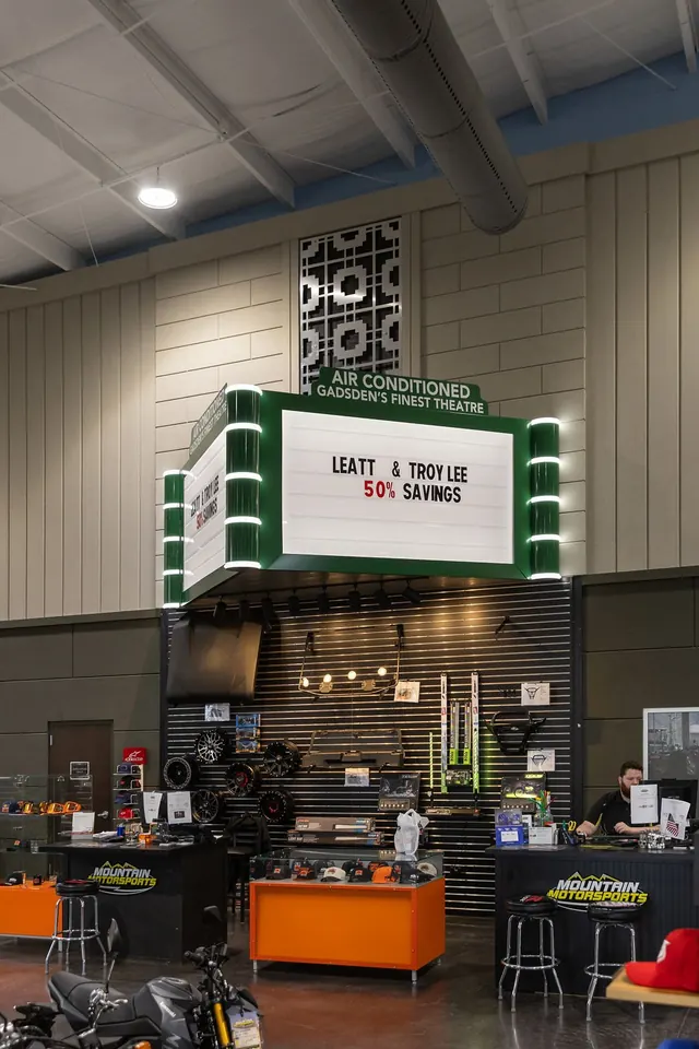 Theater-style marquee inside the Mountain Motorsports showroom